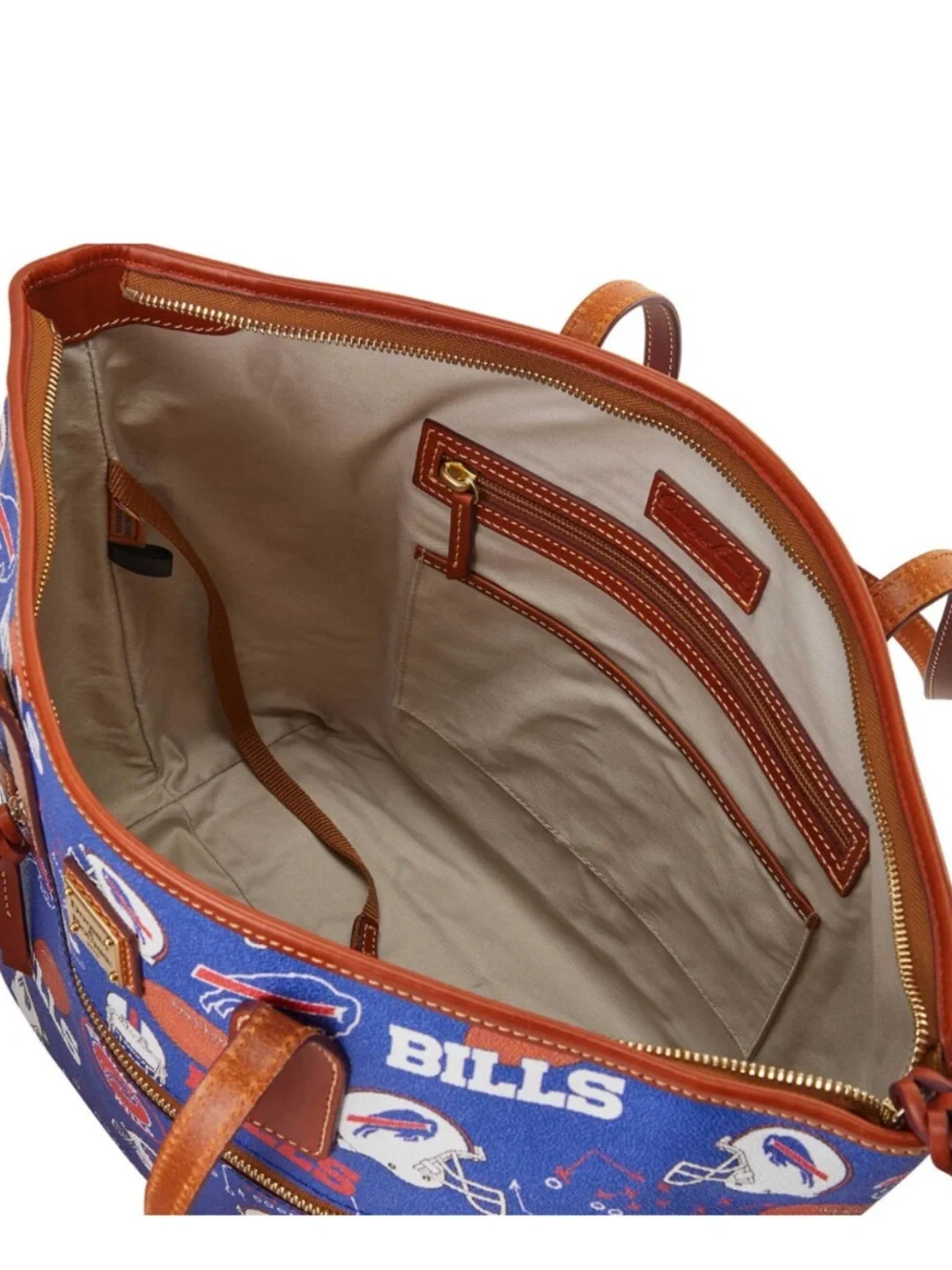 Dooney & Bourke Blue Buffalo Bills Logo Tote with Brown Straps